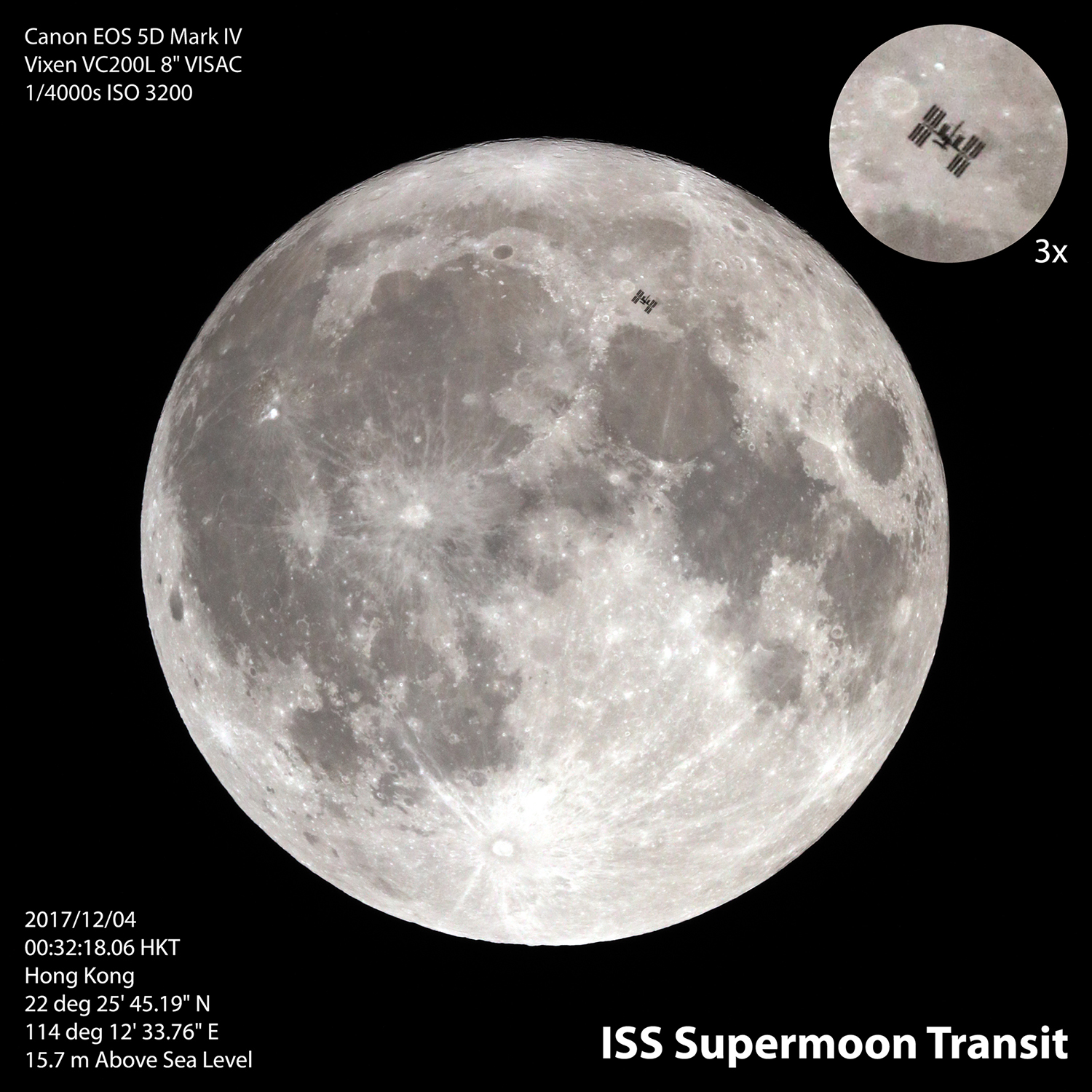 ISS transit<br>
					2017/12/04 00:32:18.06 HKT<br>
					Hong Kong, Hong Kong<br>
					Canon EOS 5D Mark IV<br>
					1/4000s ISO 3200<br>
					Vixen VC200L 8 VISAC