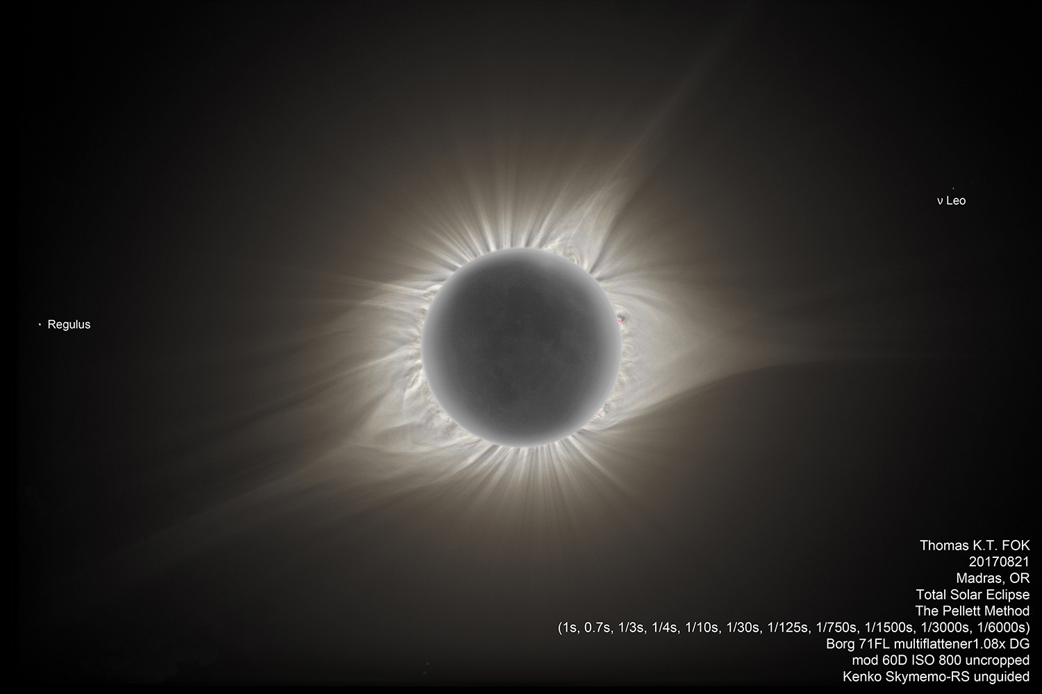 Total Solar Eclipse<br>
					2017/08/21<br>
					Madras, Oregon, USA<br>
					IRmod Canon60D<br>
					The Pellett Method ISO 800<br>
					Borg 71FL multiflattener1.08x DG<br>
					Kenko Skymemo-RS<br>
					unguided<br>
					uncropped